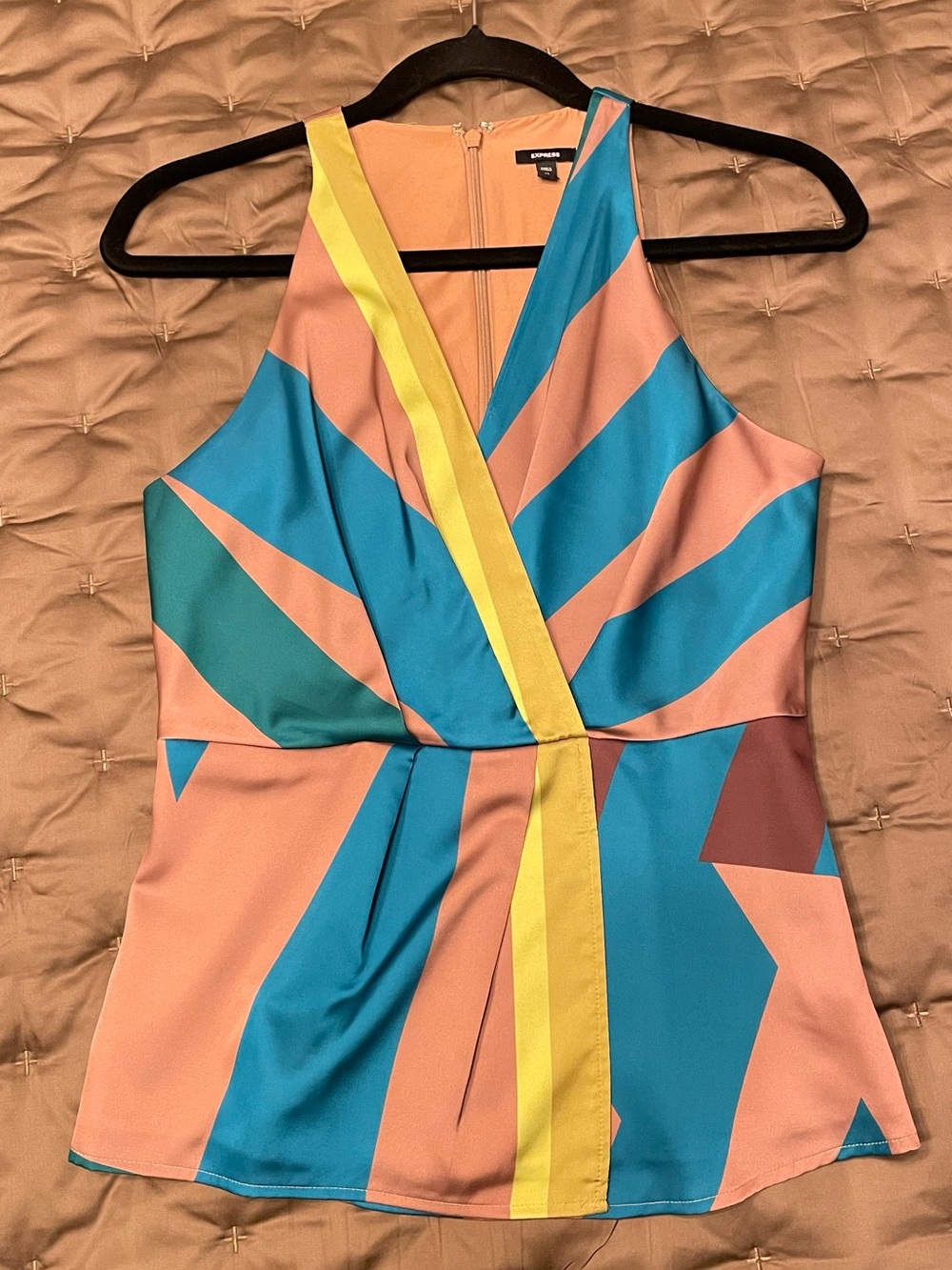 Express Blue, Brown and Yellow Colorblock V-Neck Top